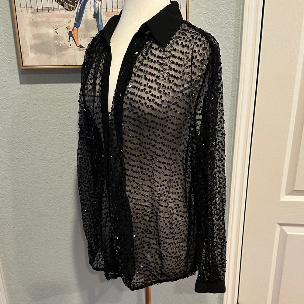 PrettyLittleThing Sz 6 Oversized Black Sequined Button Down Shirt - Picture 4 of 8